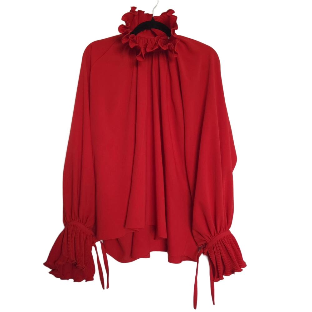 Balenciaga Red Ruffled Trapeze Crêpe Blouse, Size 36